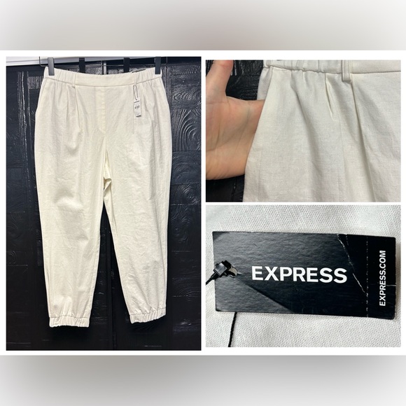 EXPRESS NWT White Ankle High Rise Pleated Linen‎ Blend Pants Size Large 33x27 - Picture 1 of 16